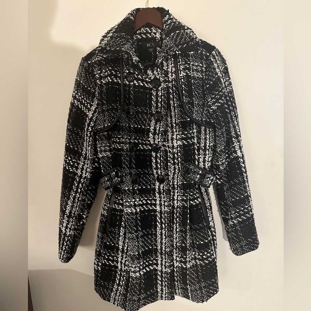 Black and White Tweed Peacoat with black leather trim. Size M